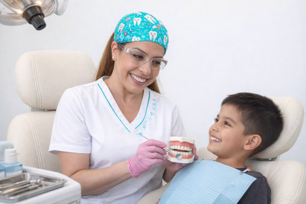Inicio - Dentiniños y Ortodoncia Dra. Fabiola Jiménez atendiendo a un niño en Dentiniños y Ortodoncia